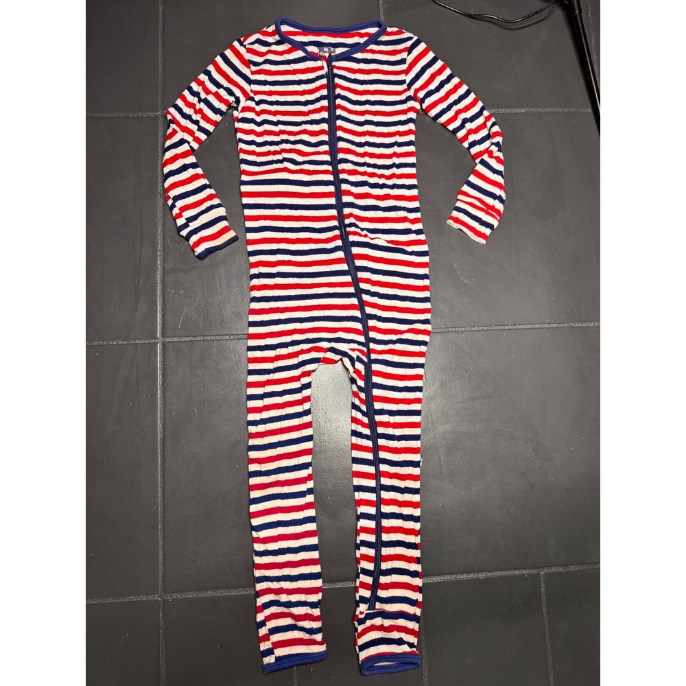 KicKee Pants Kids Red White‎ Blue Striped Bamboo Viscose Zipper Pajama Romper